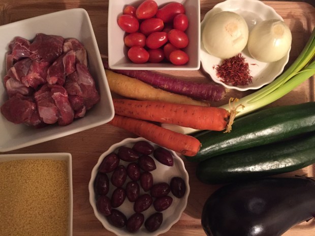 Honey Lamb skewers with grilled vegetables and saffron couscous